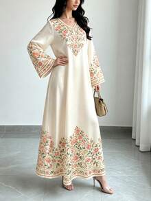 SHEIN Najma 女款米色花卉植物印花時尚V領長袖優雅阿拉伯風洋裝，春/秋度假旅行洋裝 - 彩色 - 查看 3
