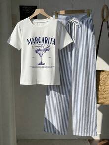 Comfortcana Women's Letter Print Short Sleeve Top And Drawstring Waist Long Pants Casual Everyday Set - Multicolor - View 4