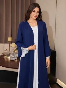 Yasmyna Deep Blue Lace Patchwork Full Skirt Long Abaya, Contrast Color Elegant Graceful Romantic Arabic Robe - Navy Blue - View 6