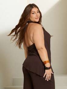 Lele Munniz Chocolate Brown Plus Size Women 2 Pieces Set: Halter Top & Pants - Chocolate Brown - View 5
