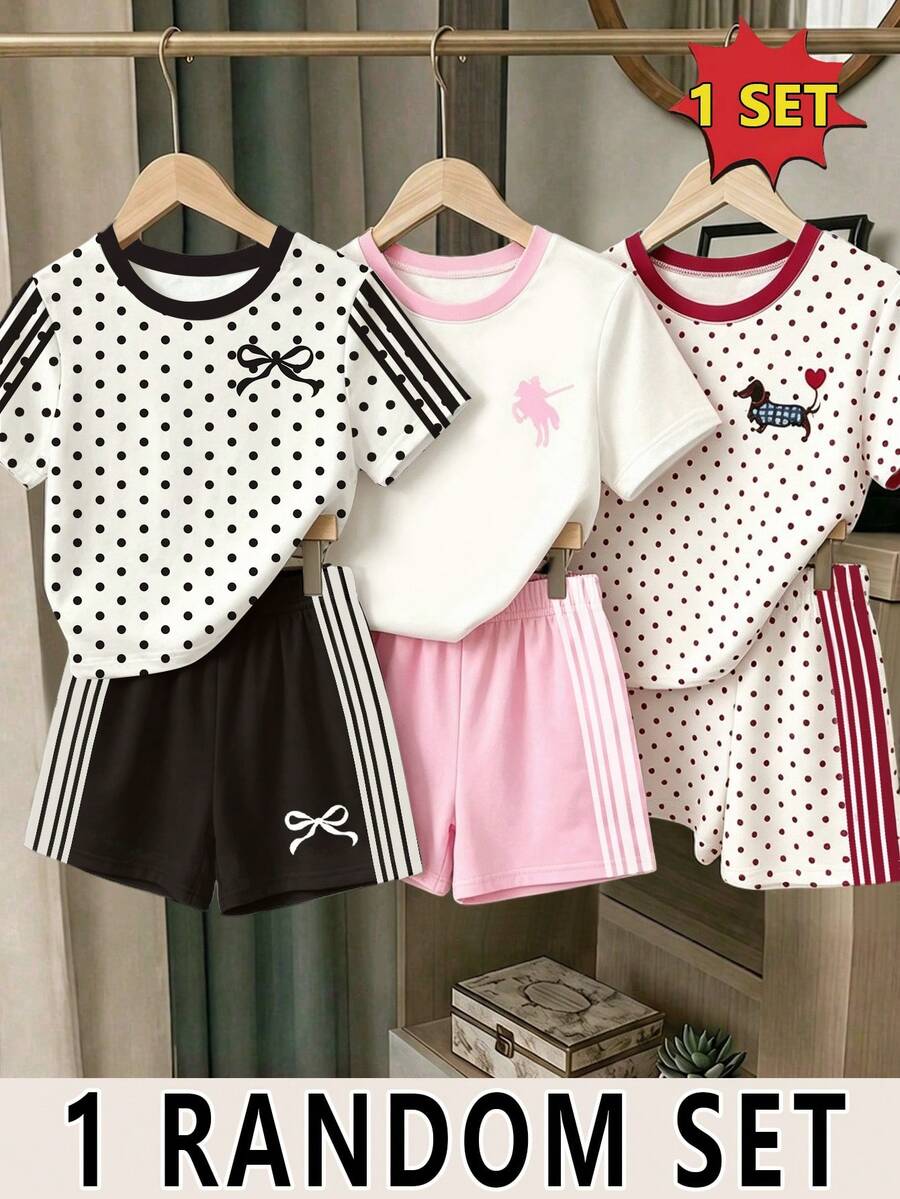 1 Set Random Girls Fresh Fashion Polka Dot Puppy Bow Pattern Basic Short T-Shirt And Shorts Set - Multicolor - View 1