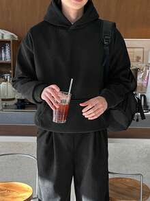 DAZY Black Ribbed Brushed Solid Color Loose Hooded Sweatshirt With Elastic Waist Long Pants Men's Hoodie Set Fall - Black - View 3