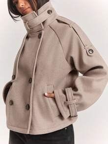 SHEIN BAE Wool Blend Stand Collar Double Breasted Short Long Sleeve Jacket Coat Office Everyday Going Out Grey Autumn Winter French Elegant Casual - Light Grey - View 7