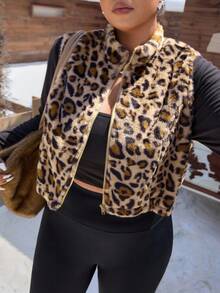 SHEIN EZwear 大码女式简约日常无袖豹纹背心夹克，冬季 - 彩色 - 查看 7