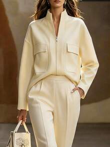 SHEIN Light Luxury Khaki Stand Collar Utility Pocket Thin Jacket, Loose Drop Shoulder Long Sleeve , Minimalist Commute Daily Versatile Relaxed Fit Jacket - Khaki - View 6