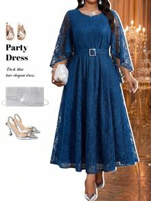 Fleurora Plus Size Autumn And Elegant Commuting Office Evening Dinner Light Blue Knitted Round Neck Pencil Wedding Wedding Fall - Blue - View 1