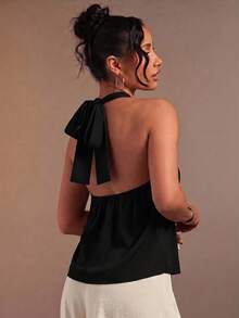 Hauture Women's Sexy Abstract Print Halter Neck Backless Linen Top - Black - View 4