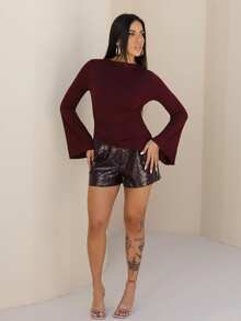 Maju Mazalli Crew Neck Ruched Flare Sleeve Cinched Waist Asymmetric Hem Burgundy Versatile T-Shirt,Red Top,Fall,Fall Clothes For Women Casual - Burgundy - View 4