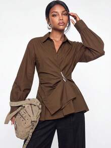 Avantive Women's Solid Color Metal Decor Casual Versatile Daily Wear Top - Brown - View 6