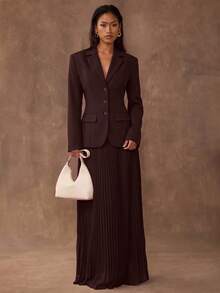 SHEIN BAE Women's Solid Color Lapel Neck Long Sleeve Jacket And Skirt Elegant 2 Pieces Set - Coffee Brown - View 1
