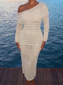 Sirith Women's Solid Color Asymmetric Neck Casual Vacation Travel Knit Dress - Apricot - View 3
