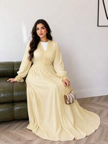 Solavon Vestido Talla Grande con Encaje Francés, Patchwork, Botones, Puños Acampanados, Amarillo, Otoño, Elegante, Casual, Celestial, para Brunch, Fiesta Formal Temática - Amarillo - Ver 5