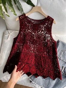 SHEIN EZwear 大尺碼女款春夏鏤空針織背心 - 酒紅色 - 查看 1