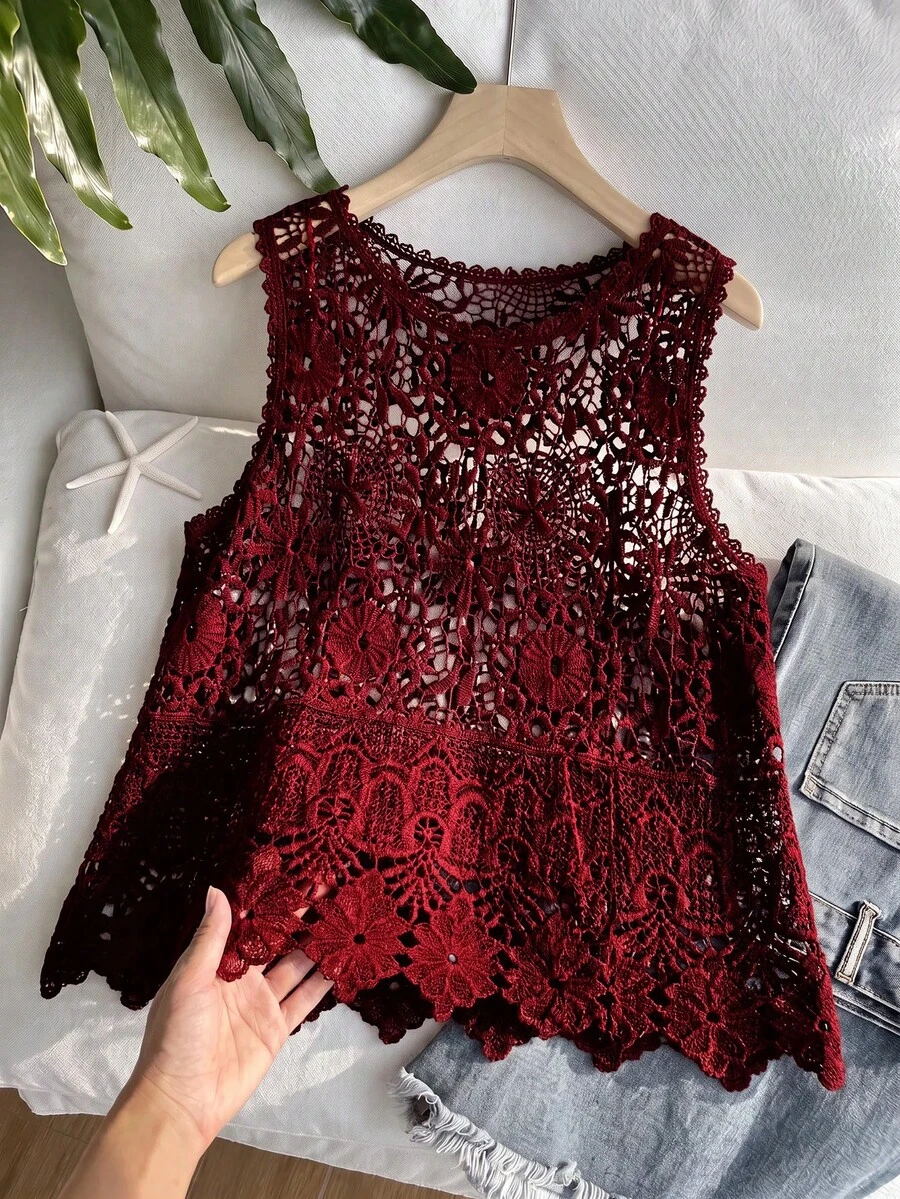 SHEIN EZwear 大尺碼女款春夏鏤空針織背心 - 酒紅色 - 查看 1