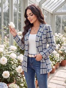 Auveirra 女款優雅格紋西裝外套，百搭日常穿著長袖西裝，經典格紋外套適用於通勤、度假 - 藍白色 - 查看 4