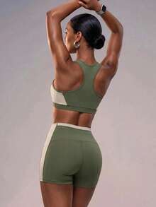 Zivah Women's Colorblock Cropped Top And High-Waist Shorts Gym Workout Fitness Pilates Set Olive Green All Season - Green - View 8