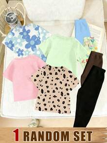 1 Random Set Girls' Kawaii Leopard Print Bow, Blue Rabbit Teddy Bear, Basic Short T And Base Pants Set Back-To-School School - Multicolor - View 2