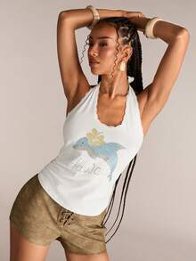 ACID BLVD Tank Top Wanita Kasual Santai dengan Motif Lumba-lumba Lucu dan Hiasan Berlian Imitasi, Cocok untuk Liburan di Pulau & Pemakaian Sehari-hari - Putih - View 6