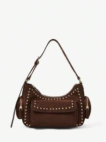 Viva Strut Ladies Fashionable Street Personalized Sweet Cool Spice Y2K Vintage Rivet Suede Shoulder Bag, Daily Shopping Commuter School Dating - Dark coffee - View 1