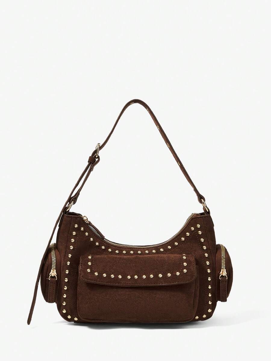 Viva Strut Ladies Fashionable Street Personalized Sweet Cool Spice Y2K Vintage Rivet Suede Shoulder Bag, Daily Shopping Commuter School Dating - Dark coffee - View 1