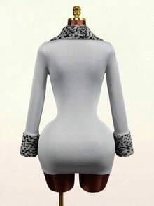 Mistrie Women's Grey Leopard Print Plush Patchwork Ribbed Long Sleeve Short Dress Club Night Out Autumn Sexy - Grey - View 10