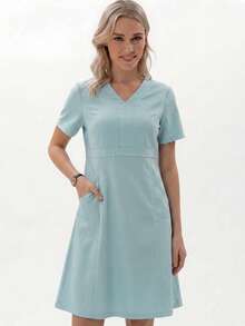 TaskEZ Mint Green V-Neck Short Sleeve Double Pocket Convenient Minimalist Fresh Scrub Uniform Nurse Dress - Cadet Blue - View 7