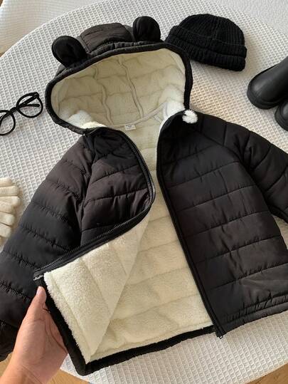 SHEIN Jaket Kasual Lengan Panjang Berkerudung untuk Anak Balita dengan Desain Telinga 3D yang Lucu, Bahan Fleece Lembut untuk Musim Gugur dan Musim Dingin