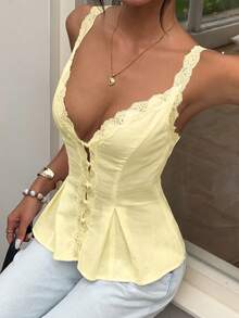 Aloruh 女款優雅休閒通勤上衣 蕾絲飾邊拼接純色無袖襯衫 夏季 - 淡黃色 - 查看 7