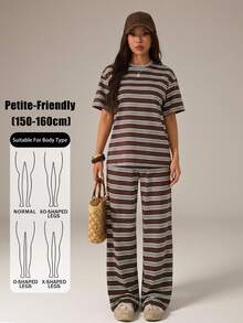 SHEIN PETITE 2件組女款棕色條紋夏季休閒居家服，寬鬆圓領落肩短袖T恤搭配鬆緊腰長褲舒適套裝，適合嬌小女性 - 棕色 - 查看 1
