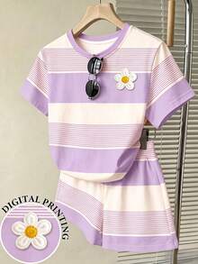 少女休閒舒適粉色條紋3D花卉圖案寬鬆圓領T恤與寬鬆短褲兩件套，適合日常、外出、校園、返校，甜美少女風，慵懶隨性 - 彩色 - 查看 1