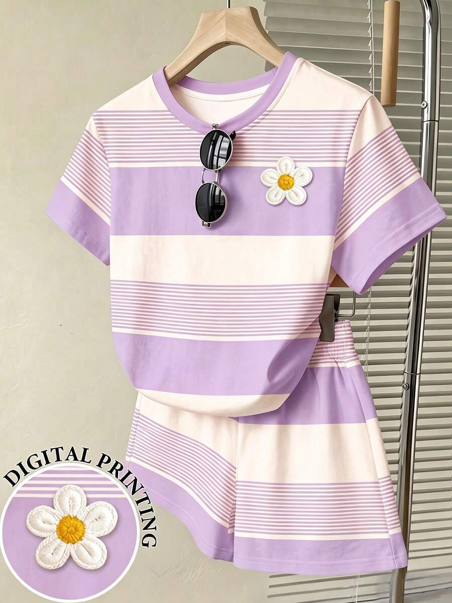 少女休閒舒適粉色條紋3D花卉圖案寬鬆圓領T恤與寬鬆短褲兩件套,適合日常、外出、校園、返校,甜美少女風,慵懶隨性 - 彩色 - 查看 1