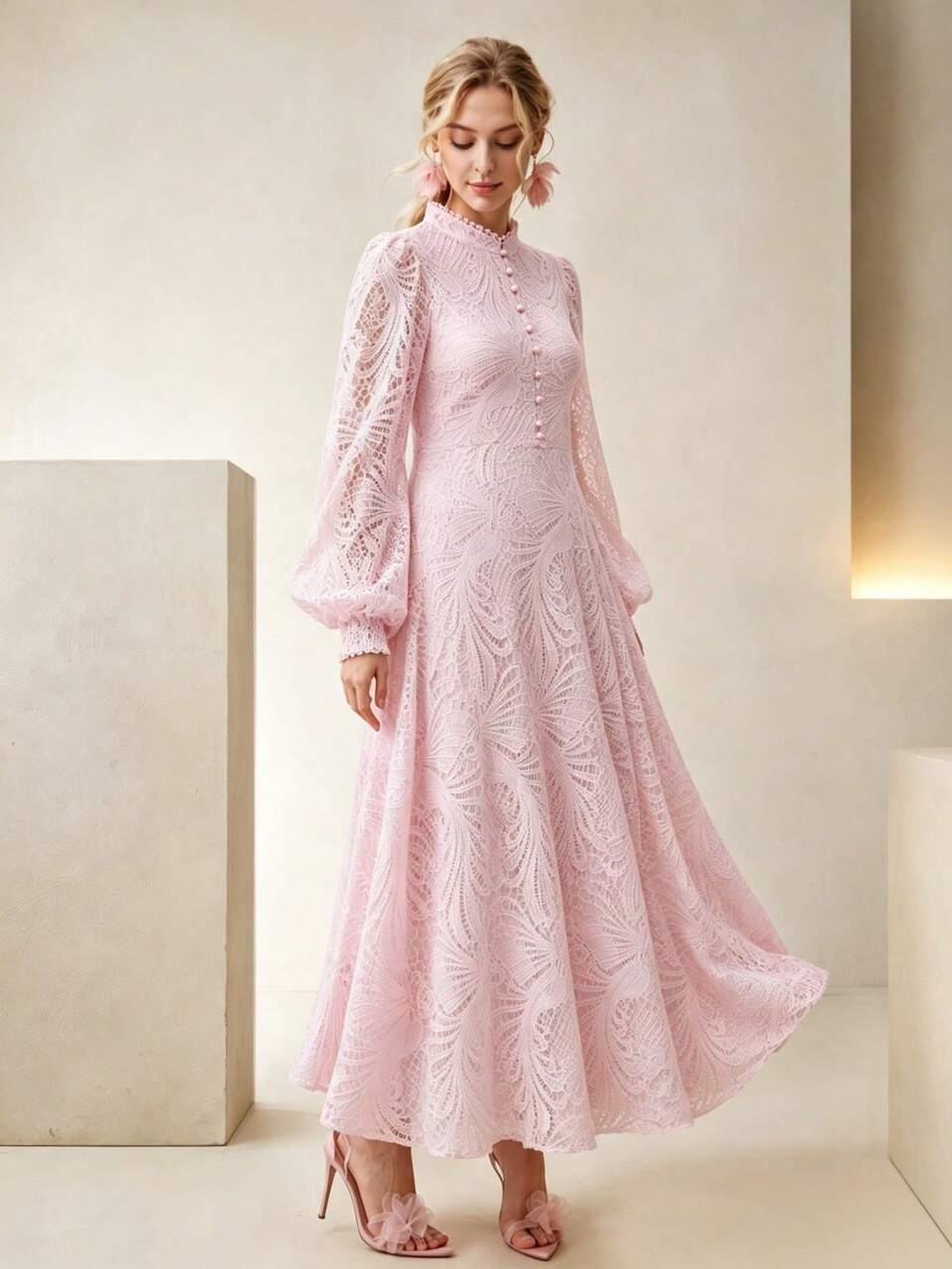 Anewsta Elegant Elegant Party Valentine's Day Date Small Stand Collar Petal Sleeve Heavy Embroidery Hollow Out Waist-Cinched A-Line Hem Women's Long Dress