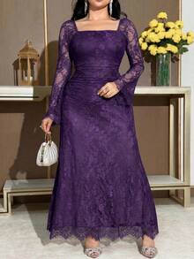 Feyla Plus Size Solid Color Square Neck Mesh Patchwork Elegant Long Sleeve Dress Fall - Purple - View 6