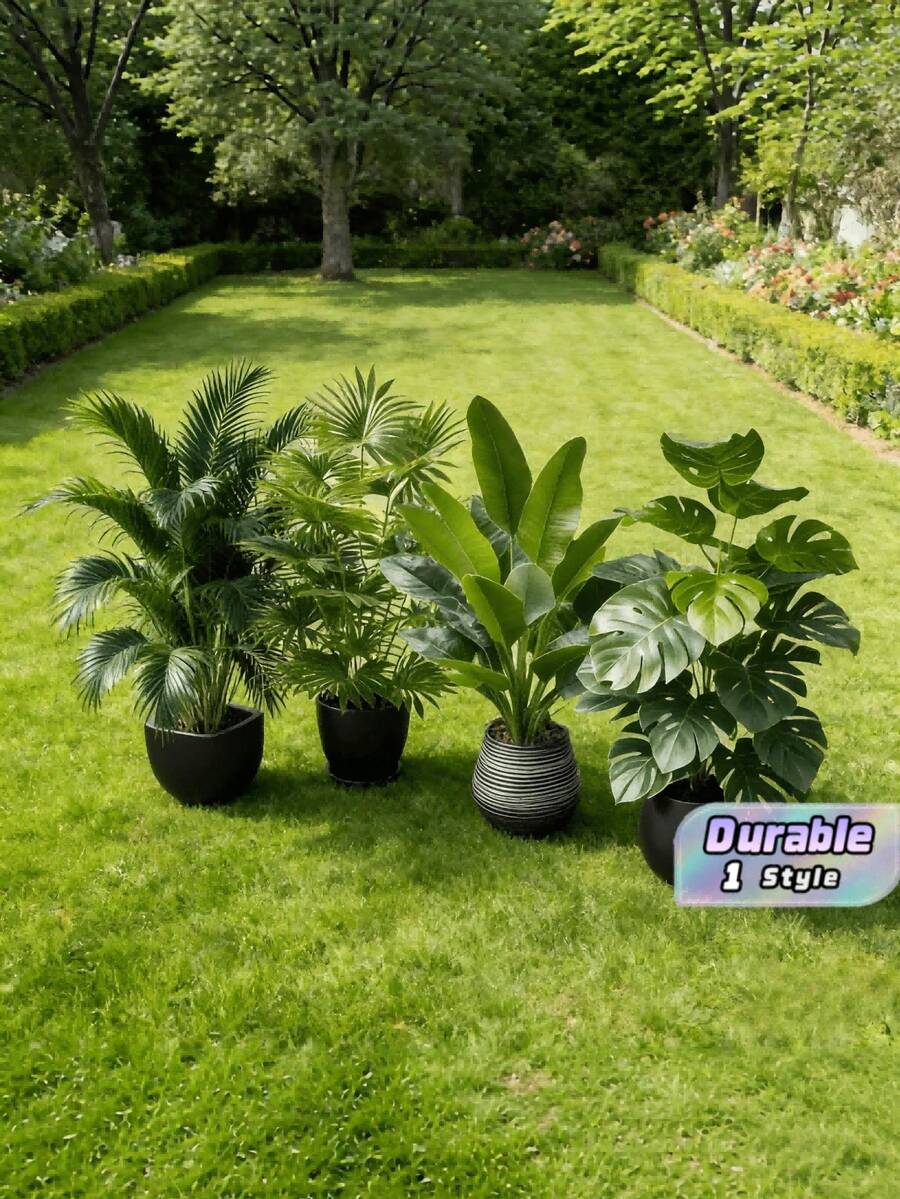 4件組仿真大型植物裝飾，含多款12片葉仿真植物，適合戶外使用，寬葉熱帶雨林聖誕棕櫚樹裝飾，室內/戶外盆栽植物，適用婚禮、辦公室 - 彩色 - 查看 1