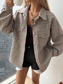 DAZY Jaket Wanita Longgar Kasual Motif Kotak-kotak untuk Musim Gugur dan Musim Dingin - Khaki - View 3