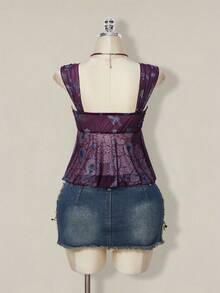SHEIN ICON 女款全印花百褶休閒日常穿搭上衣 - 紫色 - 查看 5