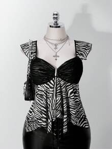 SHEIN ICON 女款大尺碼斑馬紋不對稱下擺荷葉袖上衣 - 彩色 - 查看 7