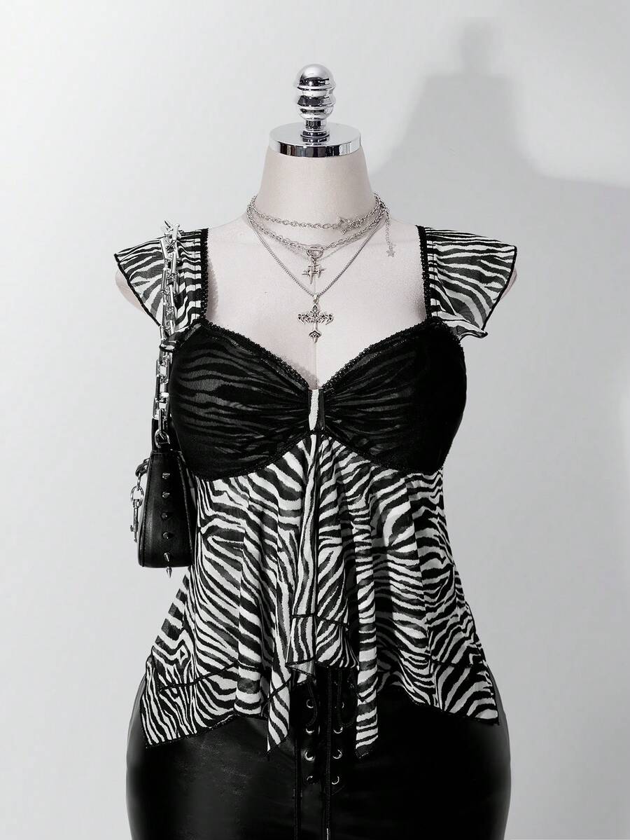SHEIN ICON Atasan Wanita Ukuran Besar Motif Zebra dengan Hem Asimetris dan Lengan Bergelombang - MultiWarna - View 1