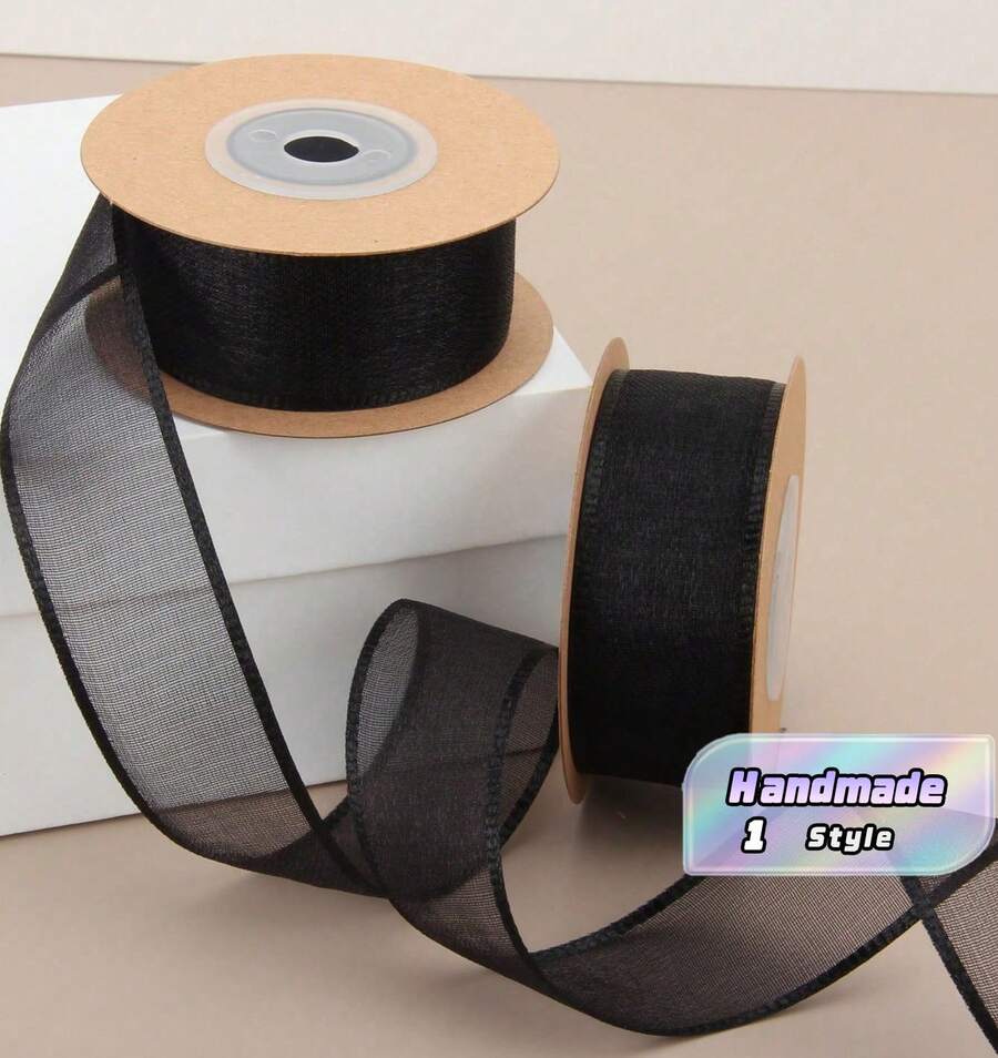 Cinta de gasa transparente con borde grueso de 2.5CM para embalaje de regalos, cinta para lazos de flores, 1 rollo - Negro - Ver 1