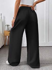 SHEIN EZwear 大尺碼女款休閒抽繩腰長褲 - 黑色 - 查看 2