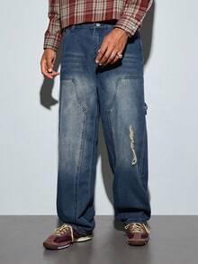 Modcrash Men's Y2K Washed Personalized Patchwork Distressed Jeans, Versatile Loose Casual Slim Straight Wide Leg Pants Fall/Autumn/Winter - Dusty Blue - View 4