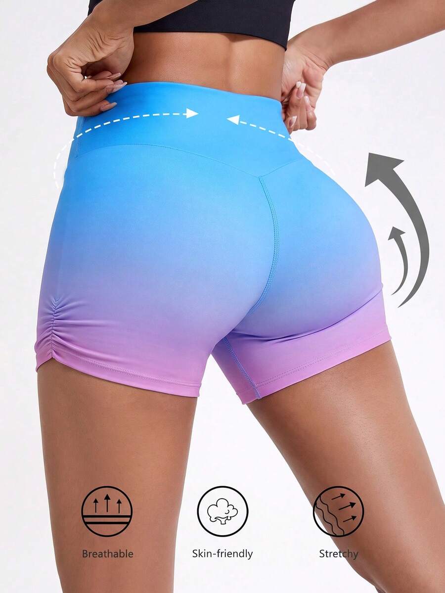 Core Rhythm New Summer Women's Gradient Tie-Dye High Waist Yoga Shorts With Side Ruched Details To Shape Hips, Suitable For Fitness, Running And Daily Wear - Multicolor - View 1
