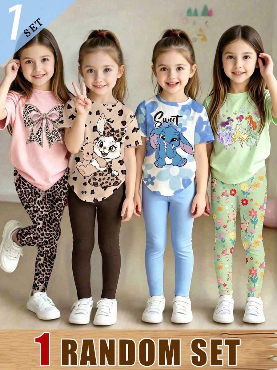 1 Random Set Girls' Kawaii Leopard Print Bow, Blue Rabbit Teddy Bear, Basic Short T And Base Pants Set Back-To-School School - Multicolor - View 1