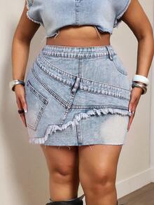 Slaydiva Plus Size Asymmetrical Distressed Patchwork Denim Mini Skirt, Summer - Blue - View 1