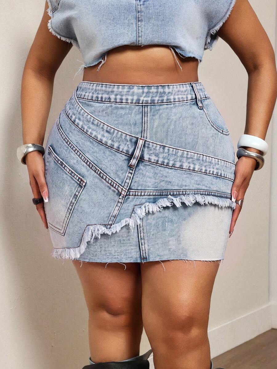 Slaydiva Plus Size Asymmetrical Distressed Patchwork Denim Mini Skirt, Summer - Blue - View 1
