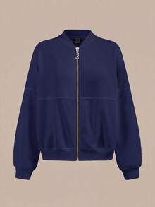 SHEIN BASICS Chaqueta holgada de punto de unicolor con cuello alto y manga larga para mujer en otoño/invierno - Azul Marino - Ver 6
