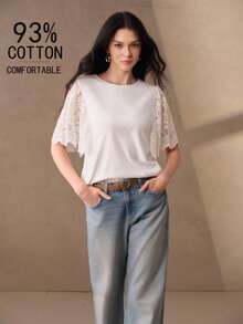 Anewsta New Fashion Elegant Design Lace Patchwork Loose Casual Women's T-Shirt - White - View 5