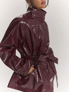 SHEIN BAE Jaket Trench Coat Wanita dengan Sabuk, Musim Gugur - Burgundy - View 7