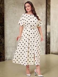 Modelyn Plus Size Women Black And White Pattern Round Neck Short Sleeve Pleated Design Elegant 70's Dress Tea Party Brunch Dinner Summer - Apricot - View 12