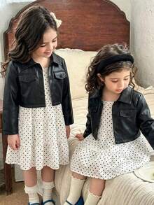 SHEIN Elladie kids 女童新款西裝領長袖外套搭配鬆緊腰 A 字版層次花卉印花吊帶洋裝 2 件套，適合休閒返校穿著 - 白色 - 查看 4